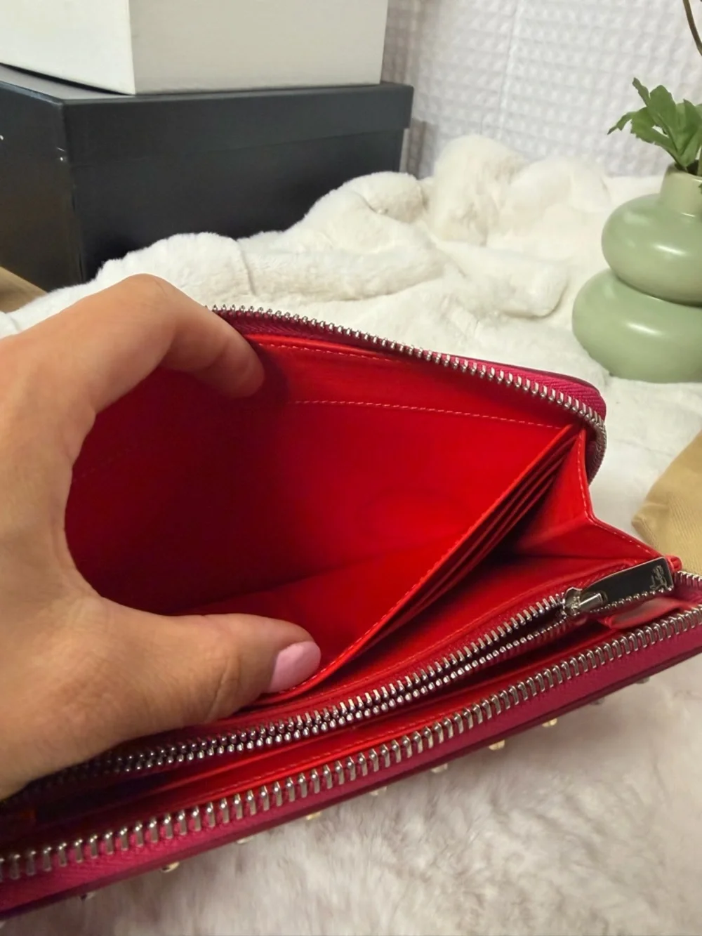 Christian Louboutin Studded Panettone Zip Around Wallet Pink Spiked Leather
